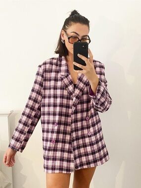NWT! Plaid Double-Breasted Blazer Jacket in Purple